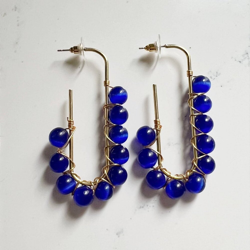 Blue Jade Wire Wrapped Open Hoop Dangle Earrings
